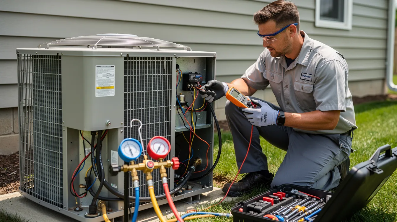 Technician servicing air conditioning unit Technician servicing air conditioning unit.
