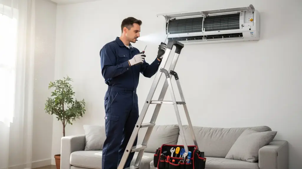 An-air-conditioning-engineer-is-seen-fixing-an-indoor-air-conditioning-unit Engineer repairing air conditioning unit indoors.